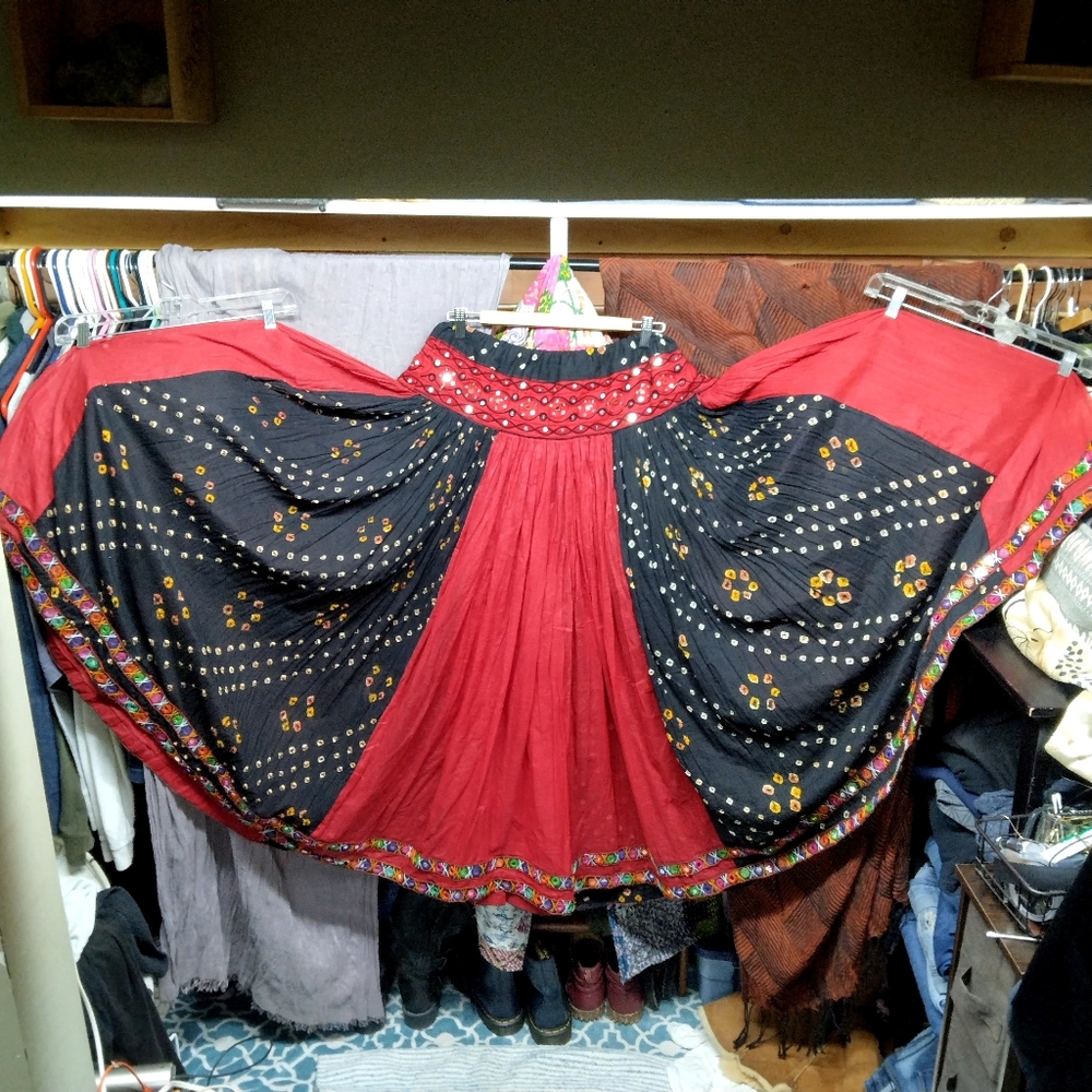 Beautiful Vintage Red and Black Banjara Embroidered Belly Dance Skirt